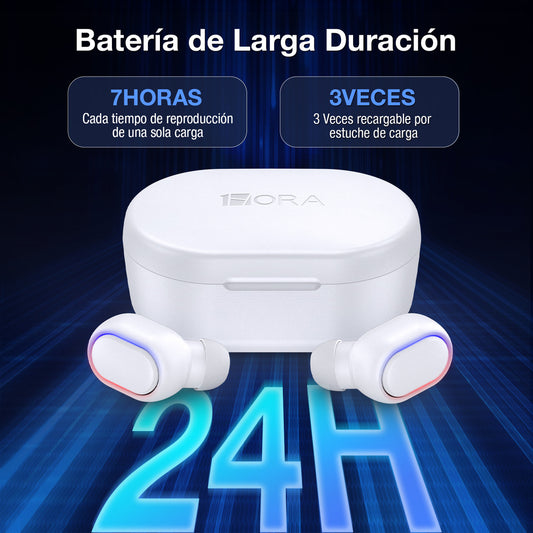 Audífonos Inalámbricos Bluetooth 5.3 1Hora AUT114 | Sonido HD, Batería 25H, Micrófono y Estuche LED – Color Blanco