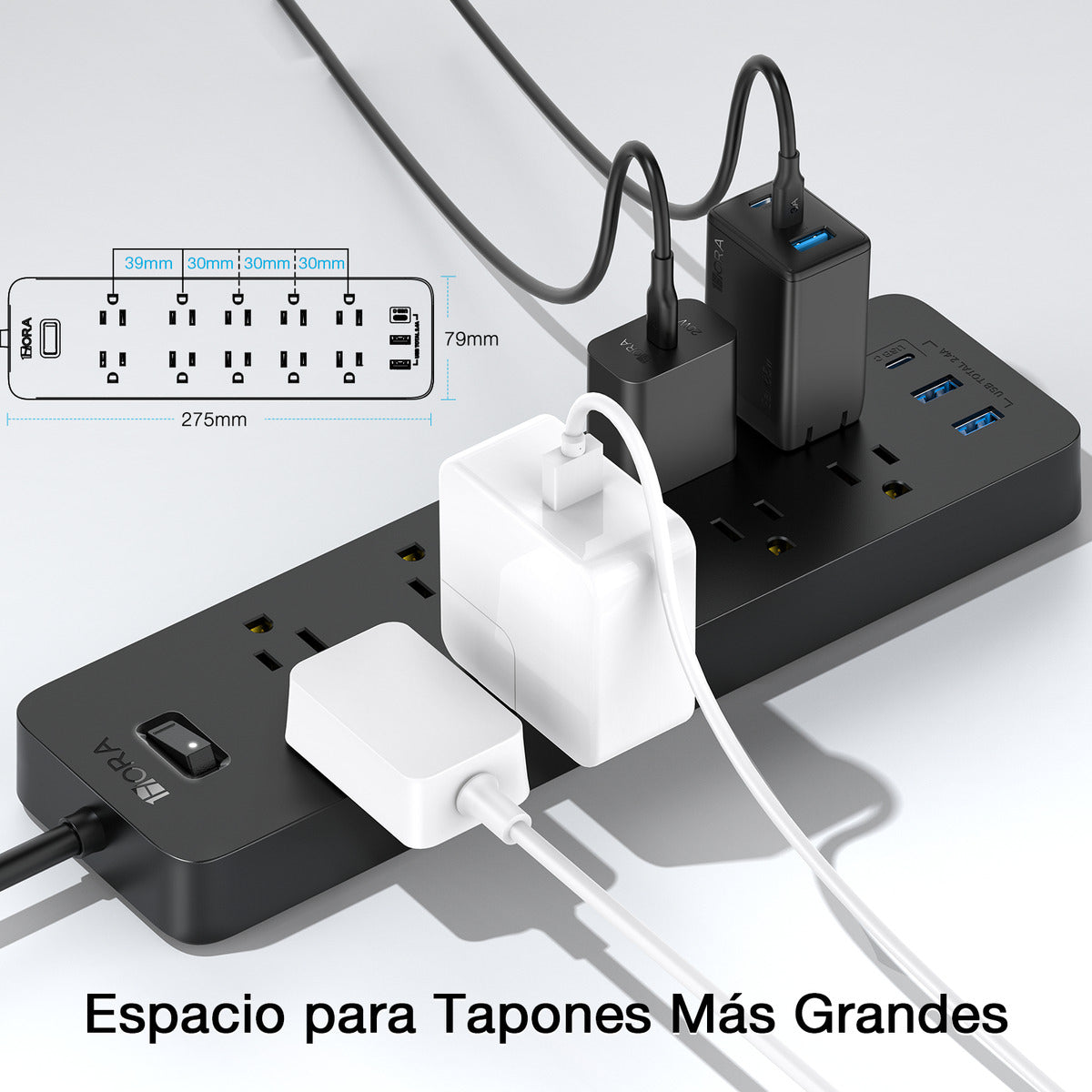 Multicontacto 13 Entradas con USB y Tipo C | Regleta 1Hora MCT002 Protección + Montable 1.5m