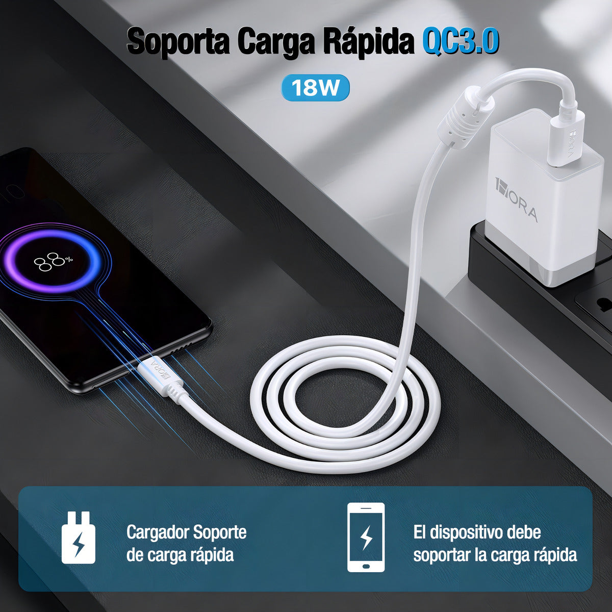 Cable Micro USB 1Hora CAB031 | Carga Rápida V8 Reforzado para Android – 1M, Durable y Flexible