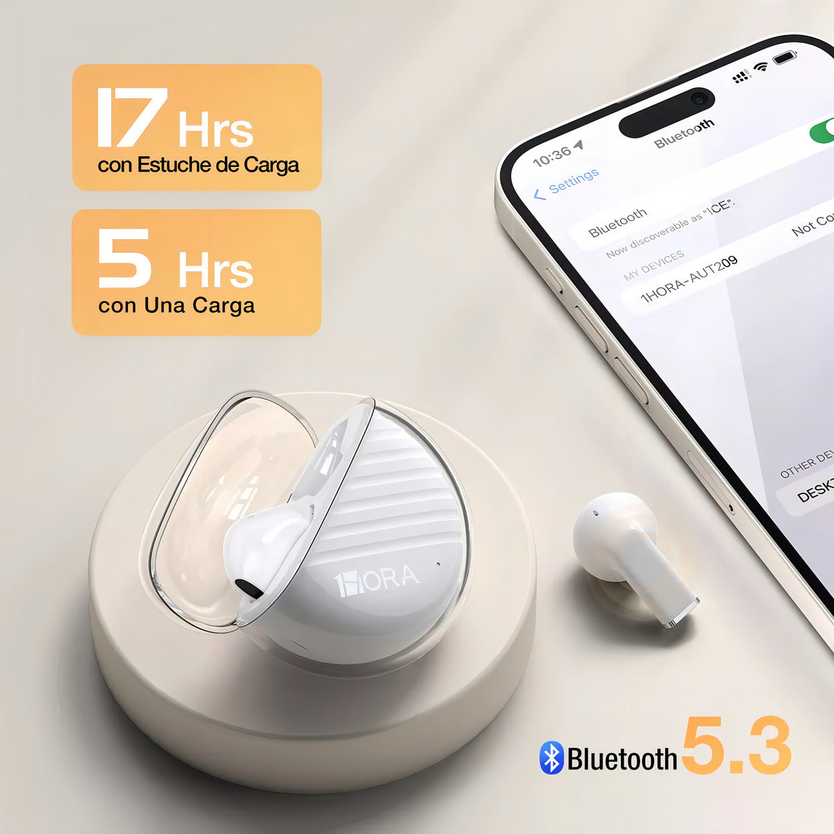 Audífonos In-Ear Transparentes Bluetooth 5.3 1Hora AUT209 Blanco | Micrófono, Asistente de Voz, Graves Potentes – Ultra Ligeros 3.1 g