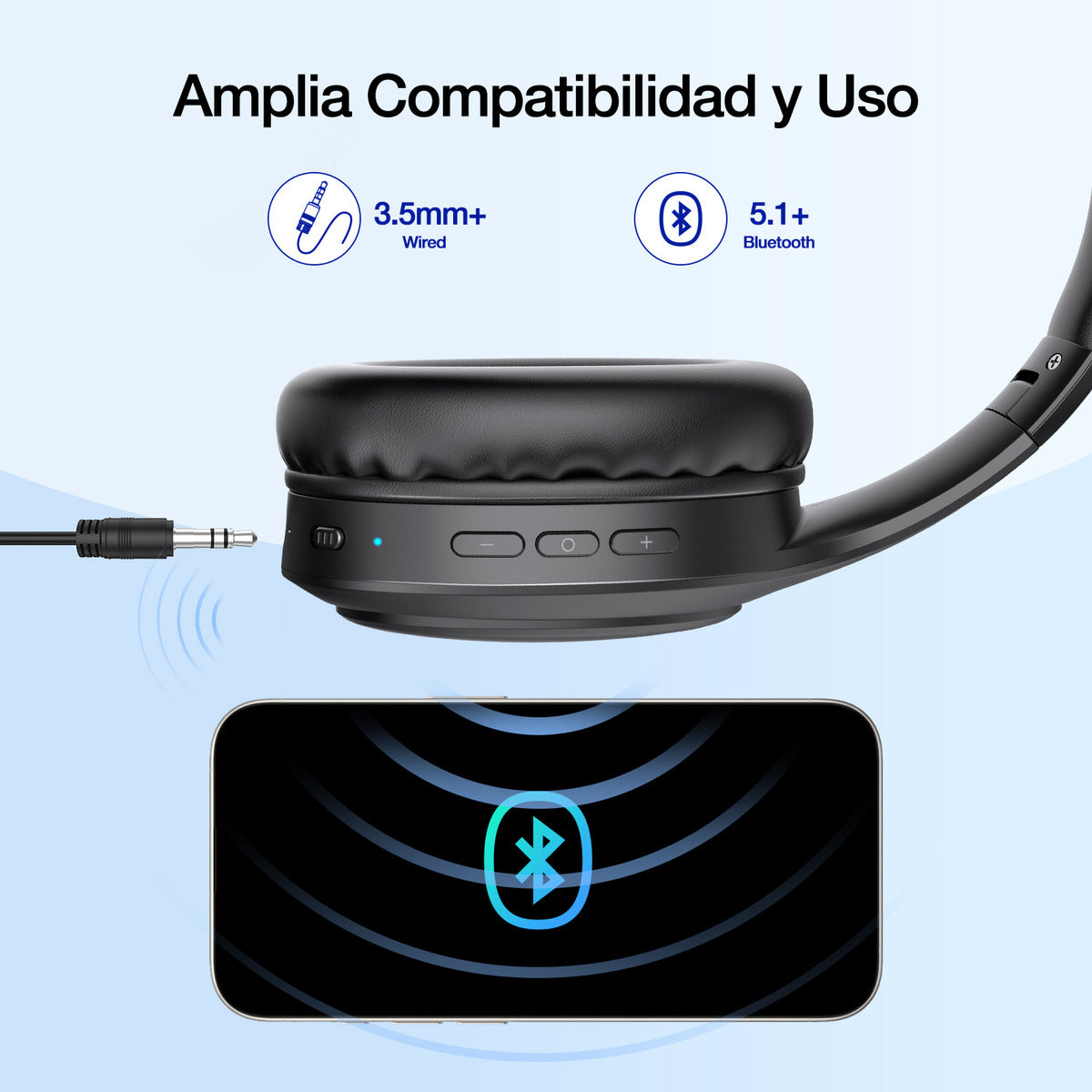Audífonos Bluetooth Over-Ear 1Hora AUT202 | Sonido HD, Micrófono, Luces LED, Batería 28h – Negro